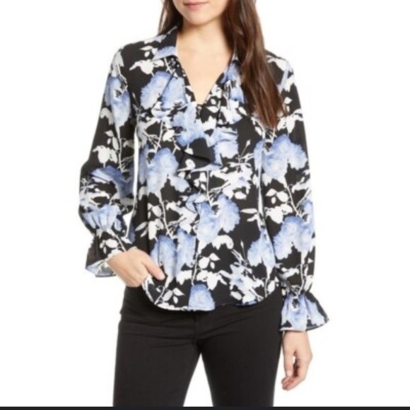 Karl Lagerfeld Tops - Karl Lagerfeild Floral Blue and White Women's Top Size Large